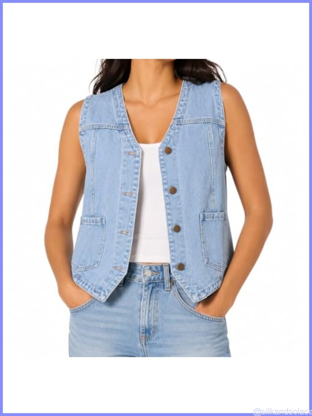 Women's V-Neck Sleeveless Button Down Denim Vest with Pockets